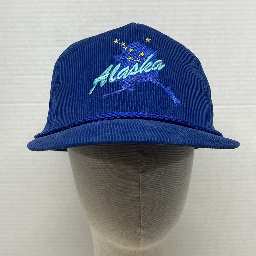 Vintage Alaska Corduroy Rope Hat Snapback Trucker Cap Blue Headliners Map